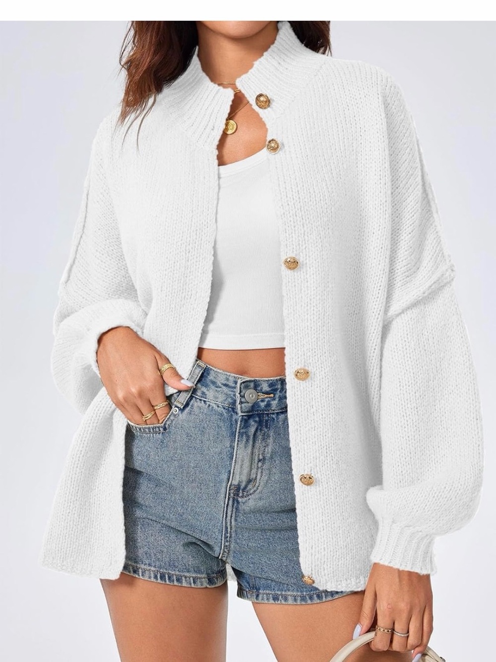 White Button-Front Balloon Sleeve Sweater Cardigan
